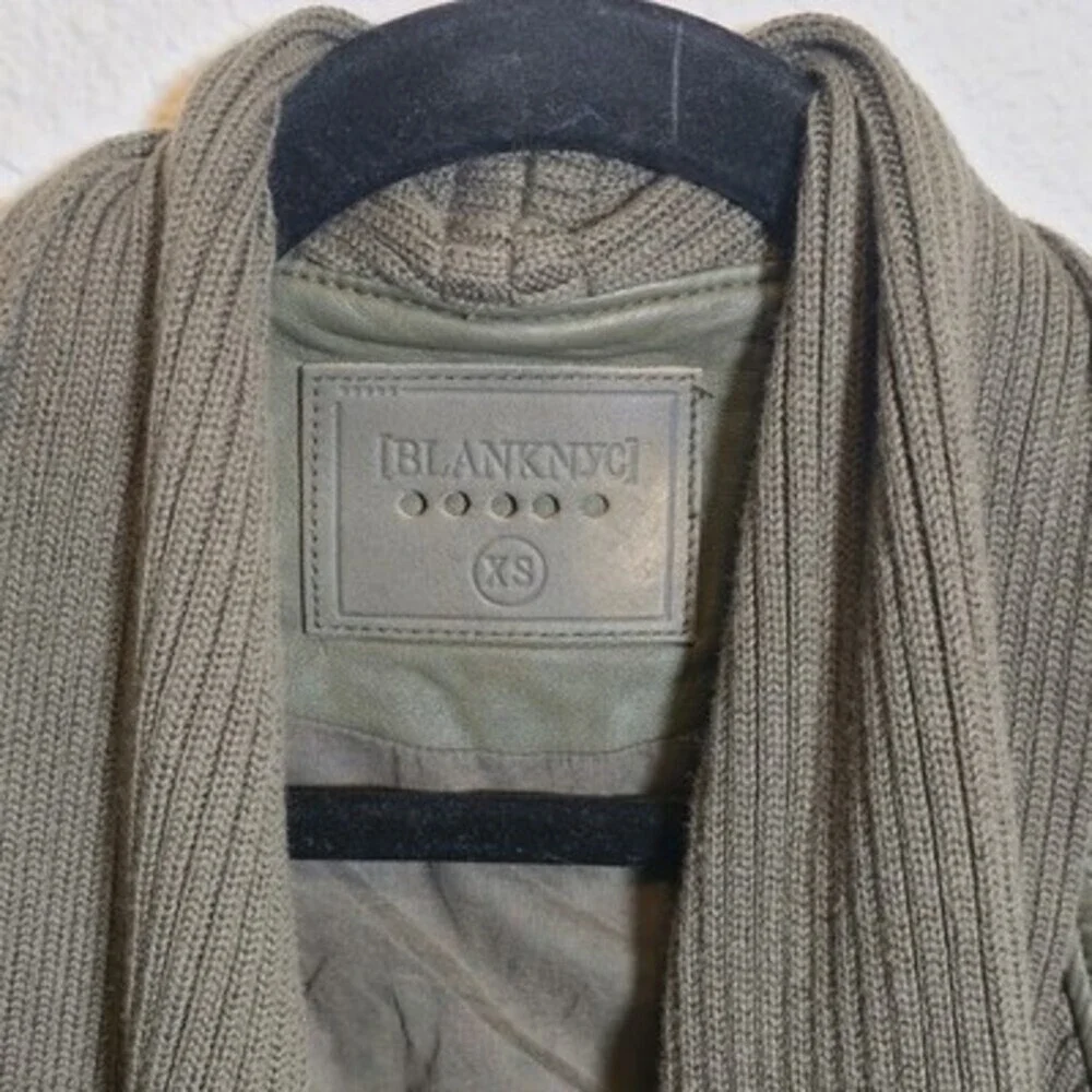 BLANKNYC Olive Green Faux Leather Knit Draped Open Front Moto Jacket XS - Picture 2 of 8